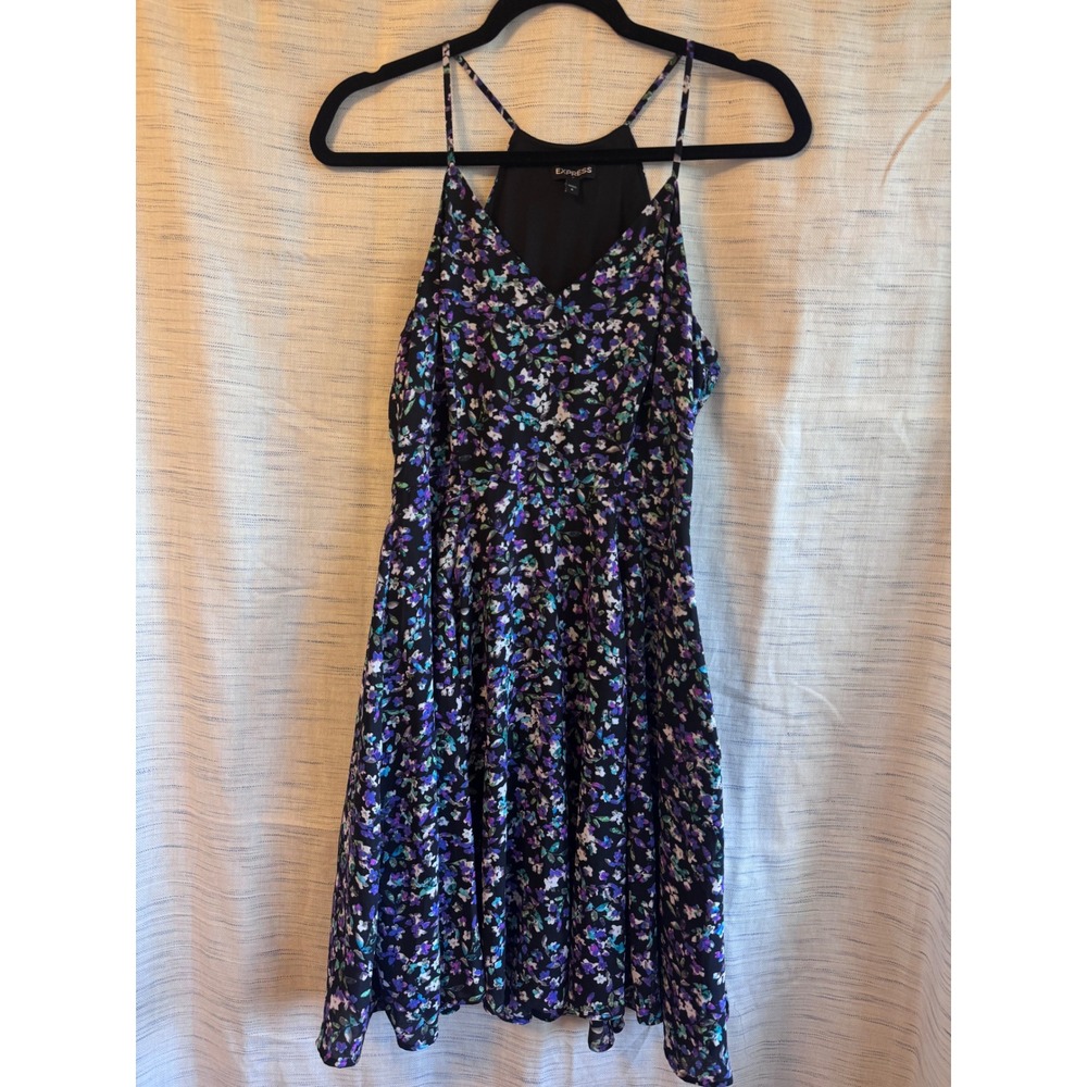 Express Floral V Neck Spaghetti Strap Mini Dress Purple Blue Black Size 6